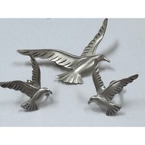 Beau sterling silver seagull parure brooch and screw back earrings vintage‎ EUC